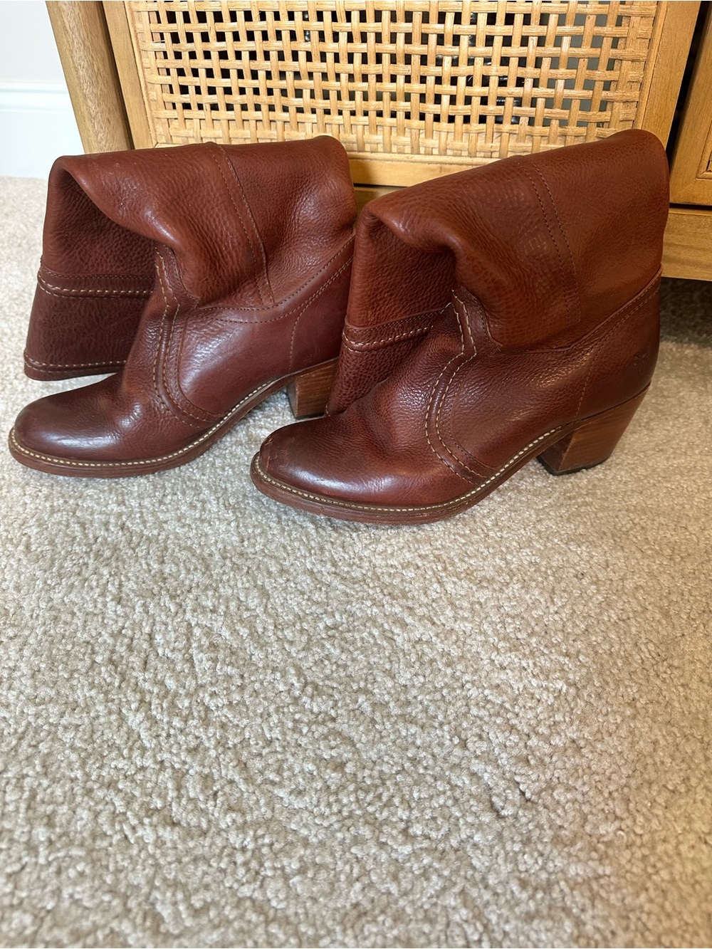 Frye Chestnut Brown Fold-Over Leather Ankle Booties